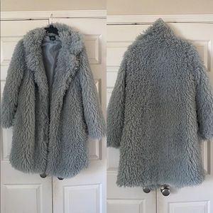 Icy dusty gray blue shaggy faux fur jacket coat